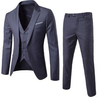 Suit Set: Single-button Notched-lapel Blazer + V-neck Vest + Dress Pants