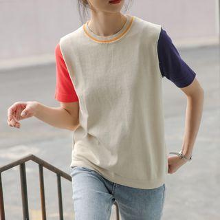 Contrast Color Short-sleeve T-shirt As Shown In Figure - One Size