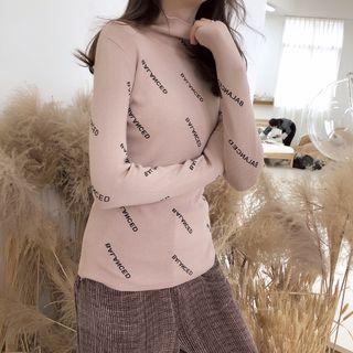 Turtleneck Lettering Long-sleeve Knit Top