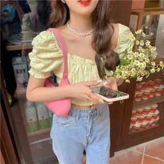 Short-sleeve Floral Print Cropped Top Yellow - One Size