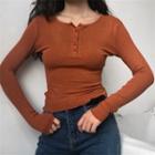 Crew-neck Long-sleeve Buttoned T-shirt