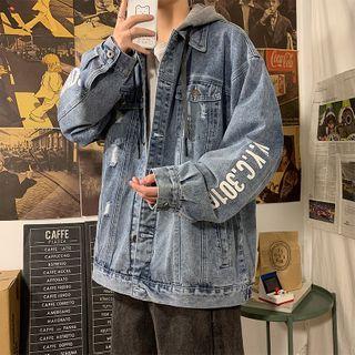Letter Printed Distressed Hooded Denim Jacket