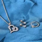 Set: Heart Rhinestone Pendant Necklace + Drop Earring + Ring Set - Necklace & Drop Earring & Ring - Gold - One Size