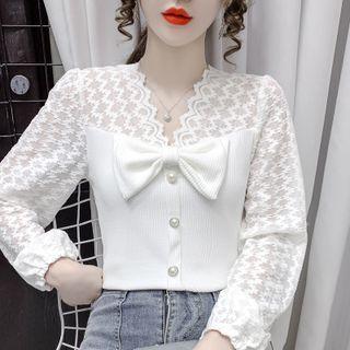 Balloon-sleeve V-neck Ribbon Lace Panel Knit Top