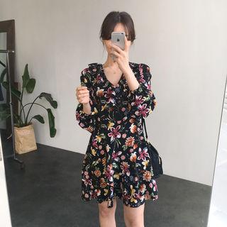Frilled-neckline Floral Chiffon Minidress