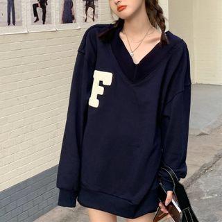 Letter Embroidered Sweatshirt Navy Blue - One Size