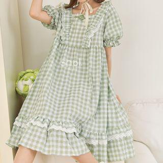 Short-sleeve Gingham Check Lace Trim Smock Dress