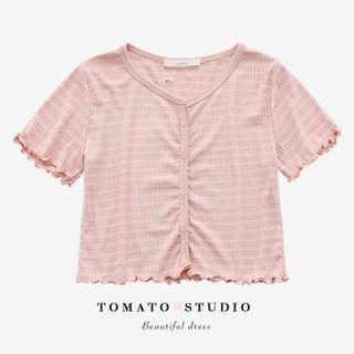 V-neck Two Tone Striped Ruffle Crop Top
