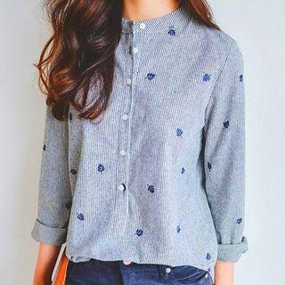 Leaf Embroidered Striped Long-sleeve Blouse