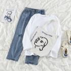 Long-sleeve Plain T-shirt / Distressed Straight Leg Jeans