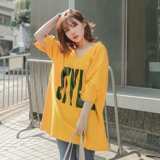 V-neck Puff-sleeve Lettering Oversized T-shirt
