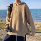 Long Sleeve V-neck Plain Side Slit Knit Hooded Sweater