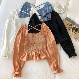 Long-sleeve Square-neck Ruffle Blouse