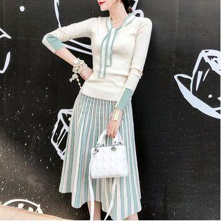 Set: Long-sleeve Knit Top + Accordion-pleat A-line Midi Skirt