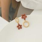 Flower Asymmetrical Alloy Dangle Earring 1 Pair - S925 Silver - Brown & Almond - One Size