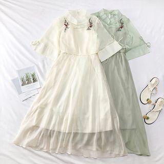 Set: Chinese-style Embroidered Top + Sleeveless Dress