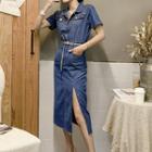 Set: Short-sleeve Denim Midi Dress + Waist Chain