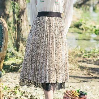 Lace Hem Floral Print Midi Skirt