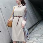 Set: Side-slit Long Sweater Vest + Patterned Long-sleeve Chiffon Midi A-line Dress