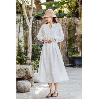 Long-sleeve Eyelet Lace Midi A-line Dress White - One Size