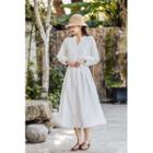 Long-sleeve Eyelet Lace Midi A-line Dress White - One Size