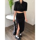 Elbow-sleeve Cropped Blazer / Slit Midi Pencil Skirt