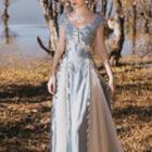 Cap-sleeve V-neck Lace Panel Midi A-line Dress