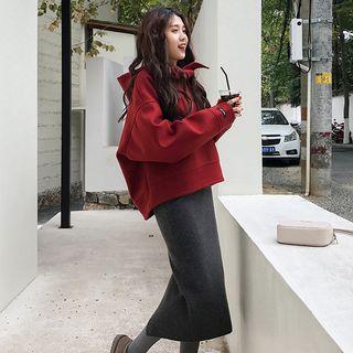 Tie Neck Hoodie / Midi Straight-fit Knit Skirt / Set