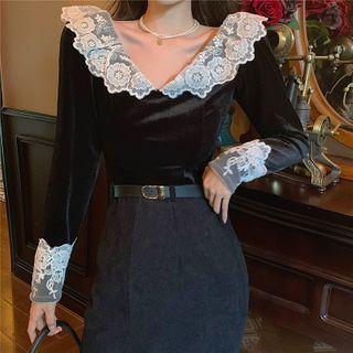 Lace Collar V-neck Velvet Top