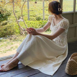 Balloon-sleeve Ruffled Midi A-line Dress As Shown In Figure - One Size