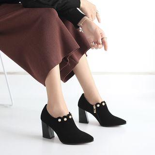 Chunky Heel Embellished Pointed Pumps