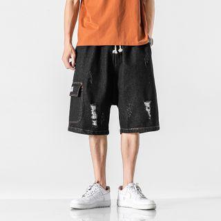 Drawstring-waist Distressed Denim Straight-cut Shorts