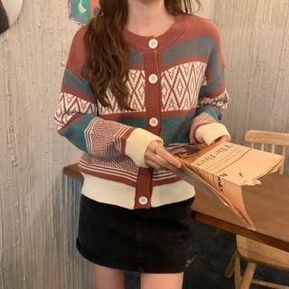 Long Sleeve Round Neck Pattern Jacquard Knit Cardigan