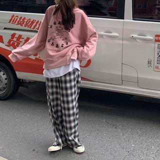 Plaid Wide Leg Pants / Lettering Sweatshirt
