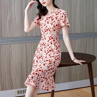 Short Sleeve Floral Print Chiffon Midi Mermaid Dress