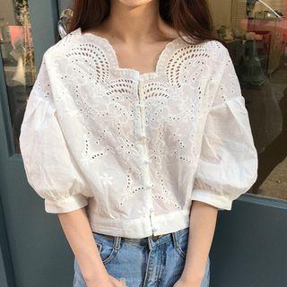 Elbow-sleeve Eyelet Lace Blouse