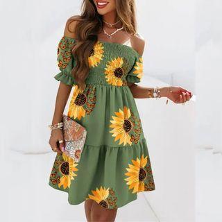Short-sleeve Off-shoulder Print Mini A-line Dress