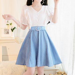 Ruffled Elbow-sleeve Denim Panel Mini A-line Dress