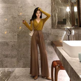 Long-sleeve V-neck Wrap T-shirt / High-waist Wide-leg Pants