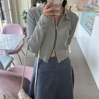 Frill Trim Zipped Knit Cardigan Gray - One Size