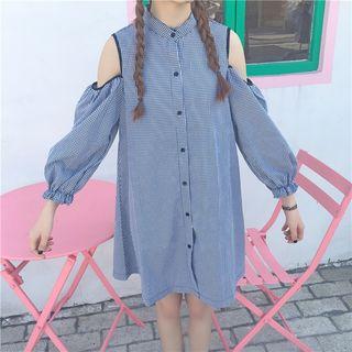 Cut Out Shoulder Plaid Band Collar Shirtdress