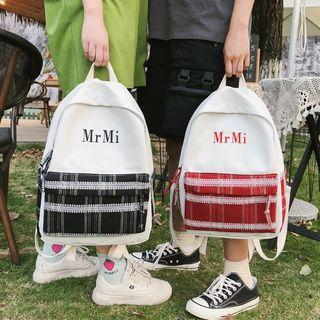 Letter Embroidered Plaid Panel Canvas Backpack