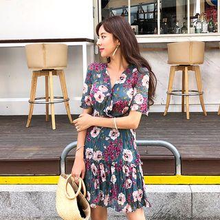 Crinkled Frill-trim Floral Dress