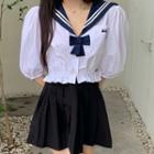 Elbow-sleeve Sailor Collar Blouse White - One Size