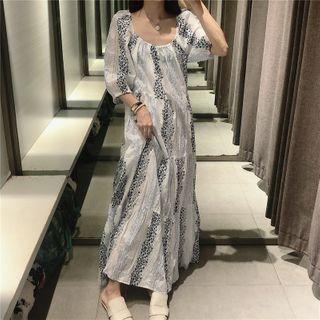 3/4-sleeve Leopard Print Panel Midi Dress