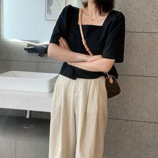 Set: Short-sleeve Square-neck Top + Wide Leg Pants