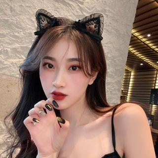 Lace Cat Ear Headband Black - One Size