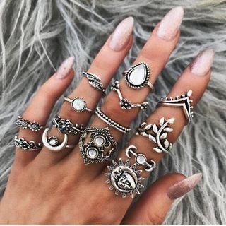 Set Of 14: Alloy Ring (assorted Designs) 6226 - Set - Silver - One Size