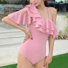 Asymmetric Cold-shoulder Ruffled Swimsuit