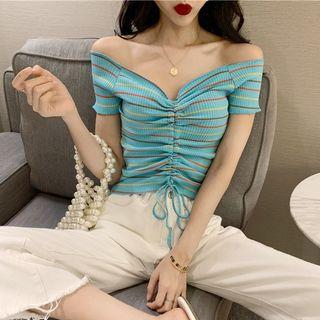 Short Sleeve Drawstring Striped Top